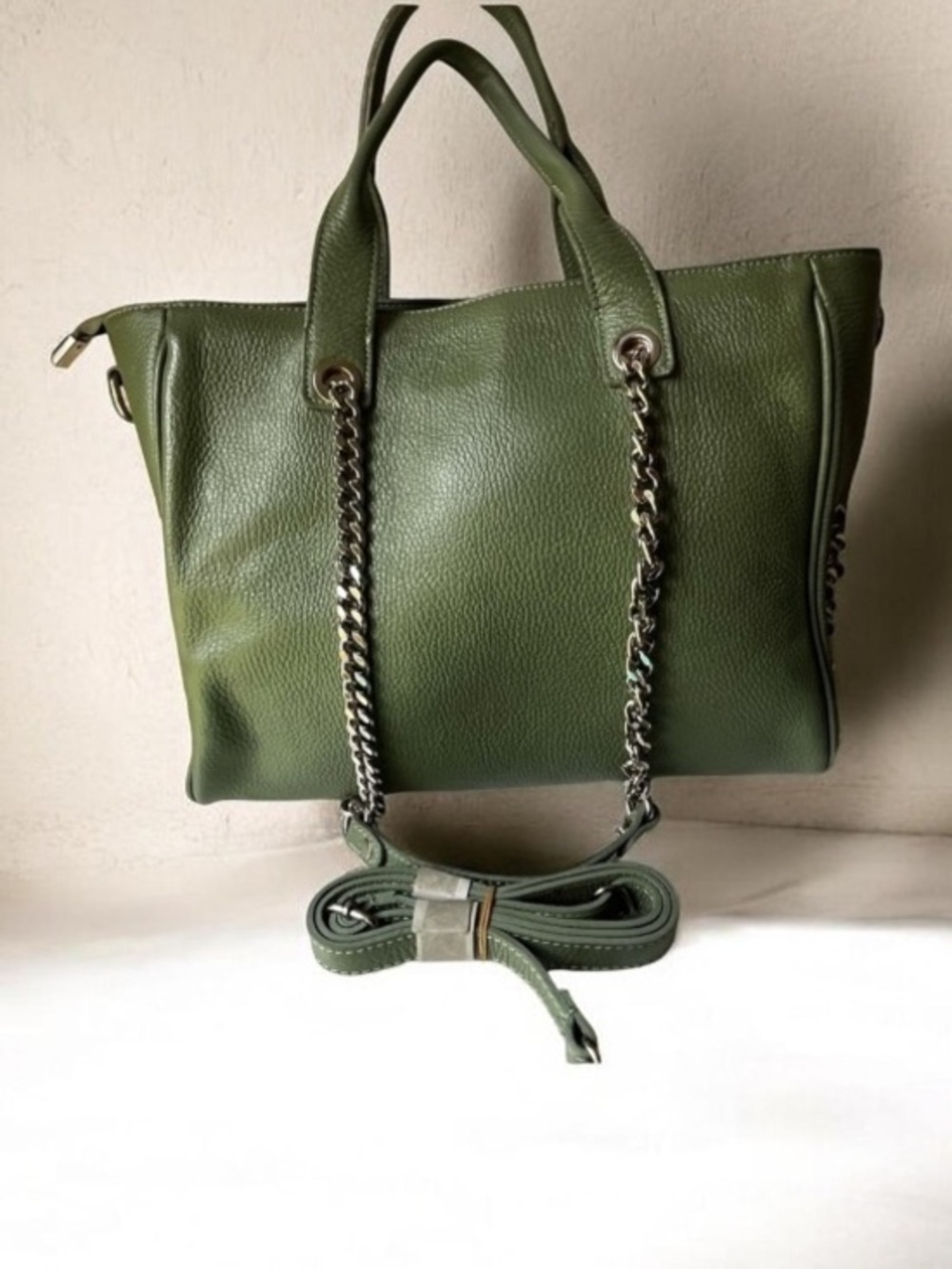 Viola Castellani Milano Olive Green Pebbled Leather Tote Bag Chain Strap Italy